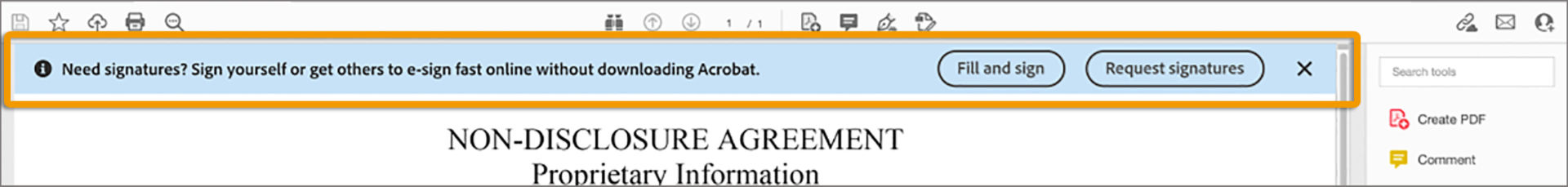 Prompt to use the Fill & Sign tool or the Request Signatures tool