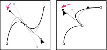 Adjusting the direction lines on a smooth point (left) and a corner point (right)
