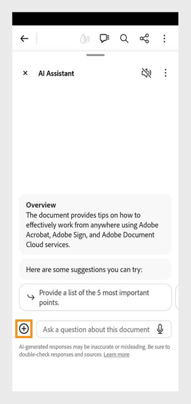 AI Assistant window is open in Acrobat mobile on Android. The add button is highlighted in the lower left. 