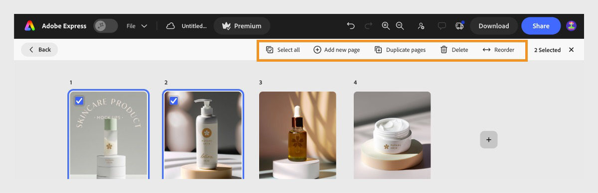 Adobe Express multi-page view showing selected pages and the top toolbar with options to add, duplicate, delete, and reorder pages.