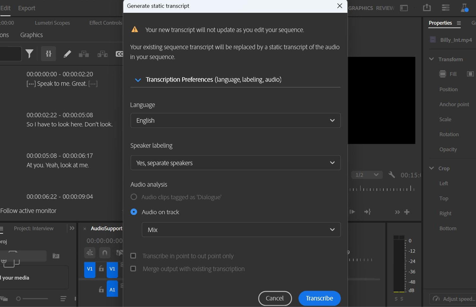 Generate static transcript dialog box is open and the Mix option is selected for transcribing audio files with different audio channels.