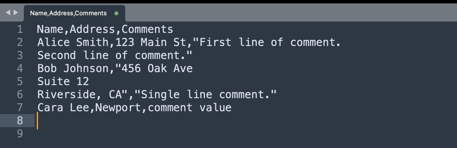 CSV file showing multiline field values enclosed in double quotes to preserve line breaks during Data Merge.