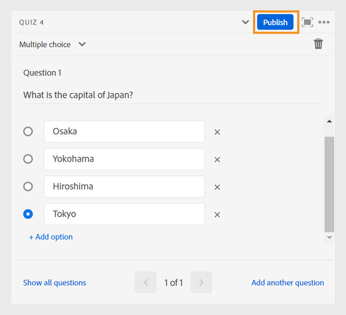 Publish quiz using multiple choice questions