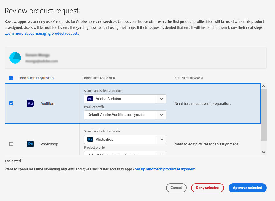 Review product request screen with multiple requests where one is selected to be approved