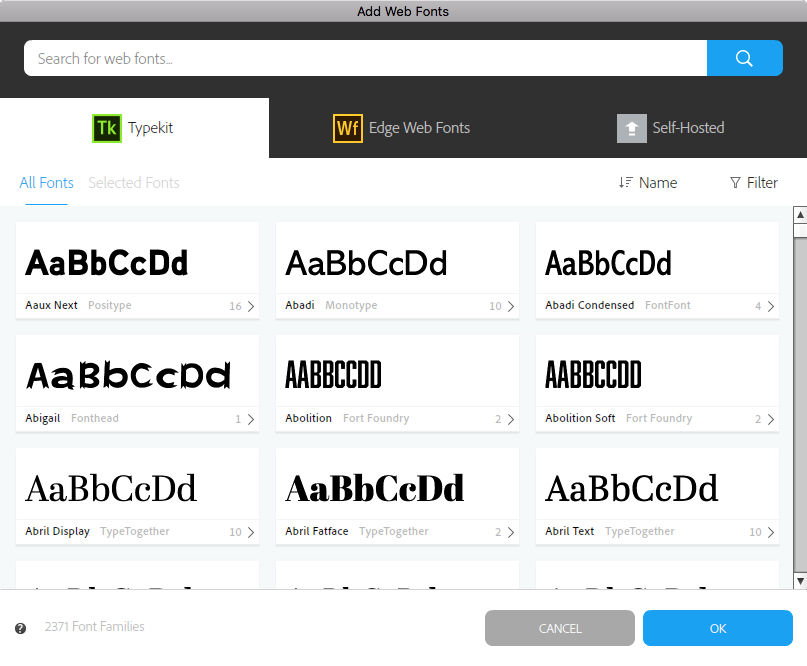 Web Fonts window in Muse displaying Typekit library