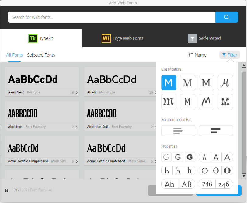 Filter controls in the Web Fonts window in Muse