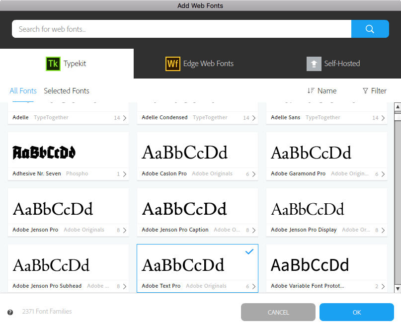 Font selection in the Web Fonts window in Muse