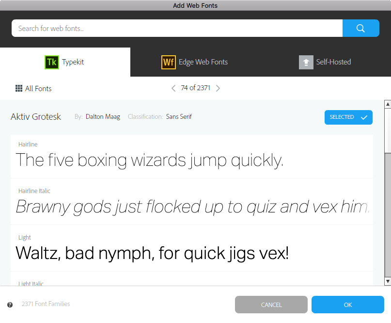 Style detail view in the Web Fonts window in Muse