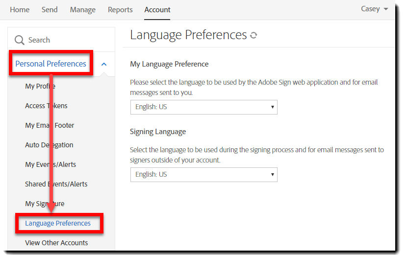 Navigate to language preferences