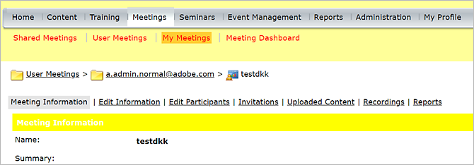 Access recordings from the Recordings tab after accessing a meeting in Adobe Connect Central.