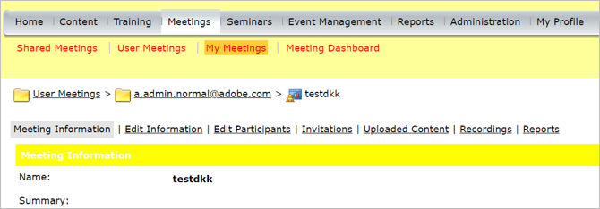 Access recordings from the Recordings tab after accessing a meeting in Adobe Connect Central.