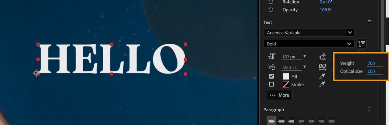 The Variable Font pop-up is open, allowing you to adjust the value using the scrubbing control.