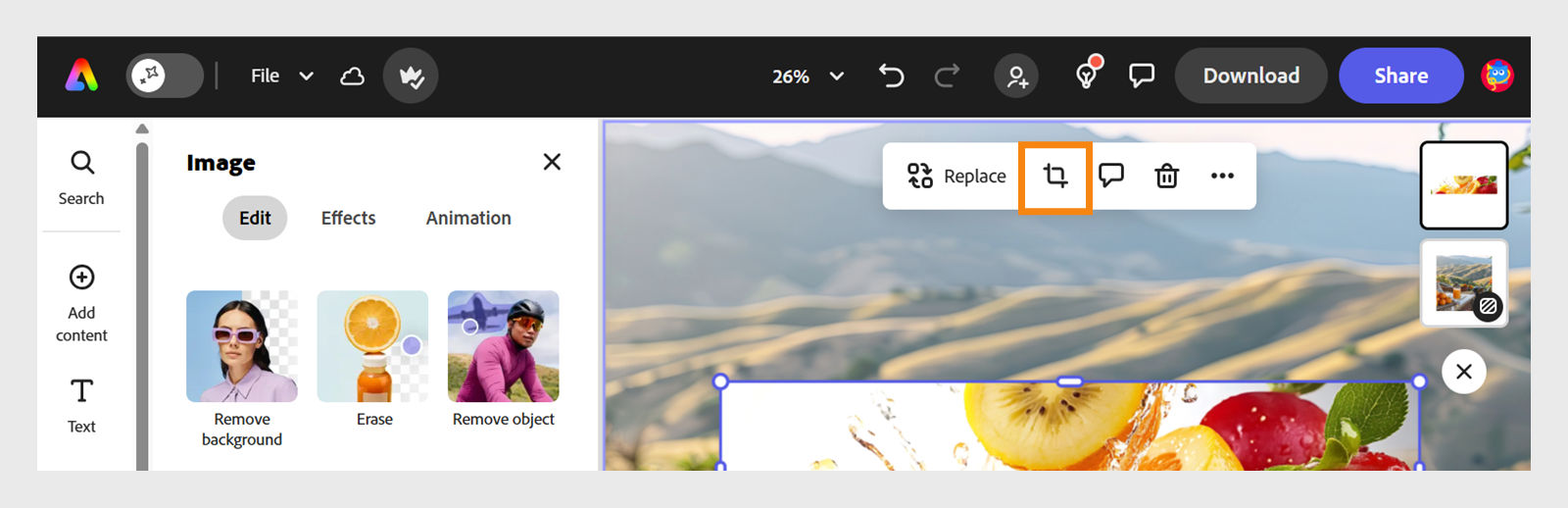 The image shows the position of the crop icon above the selected image followed by a Replace icon.