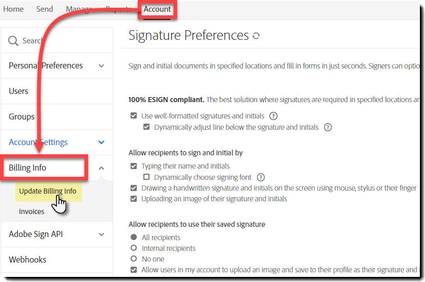 Navigate to the Billing information section