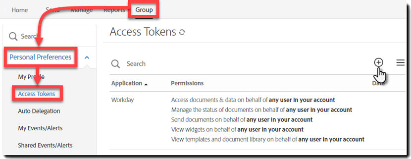 Image of the navigation to the Access Tokens page