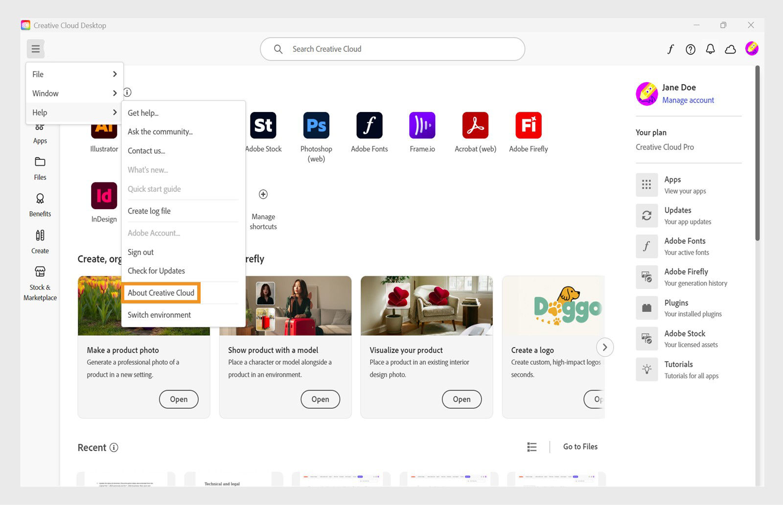The Help menu under the hamburger menu in the Creative Cloud desktop app shows the options to know more about your Creative Cloud desktop app, with more options such as sign out, go to your Adobe Account, check for updates, and create log file.