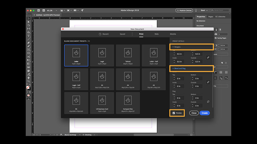 The Preset Details window has options for margin sizes and Bleed and Slug.