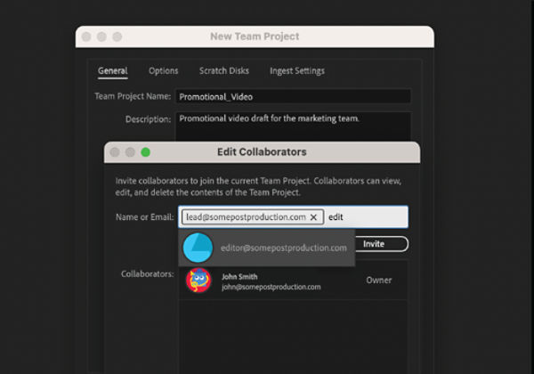 Inviting new collaborators in a new Team Project using the Edit Collaborators dialog.