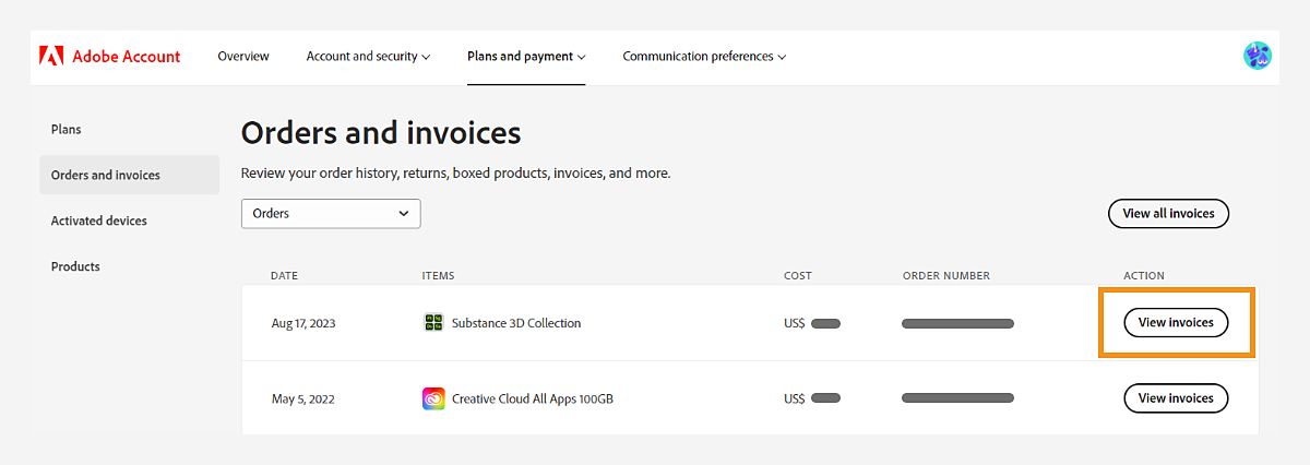 Orders and invoices screen to view invoices