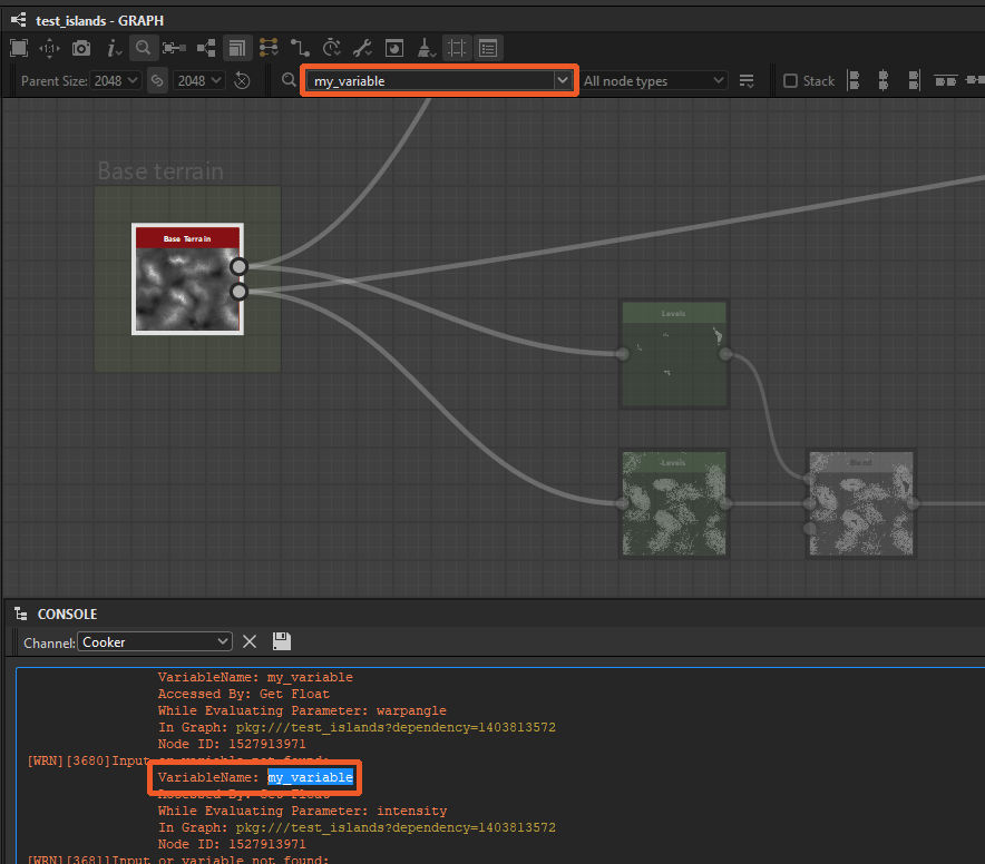 Node finder: searching variable from Console warning/error