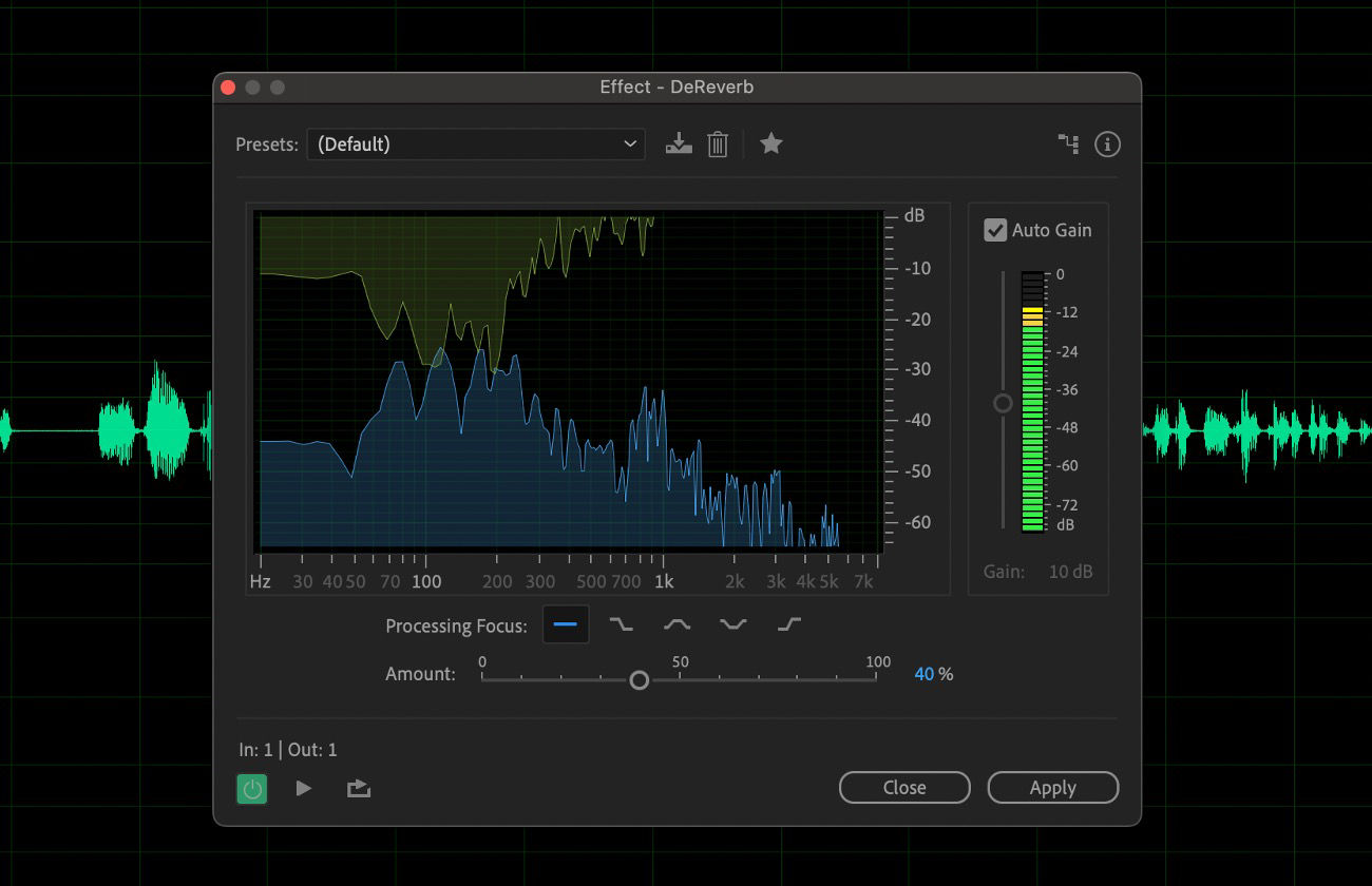 The DeReverb effect dialog box is open, with options to estimate the reverberation profile and adjust the amount of reverberation.
