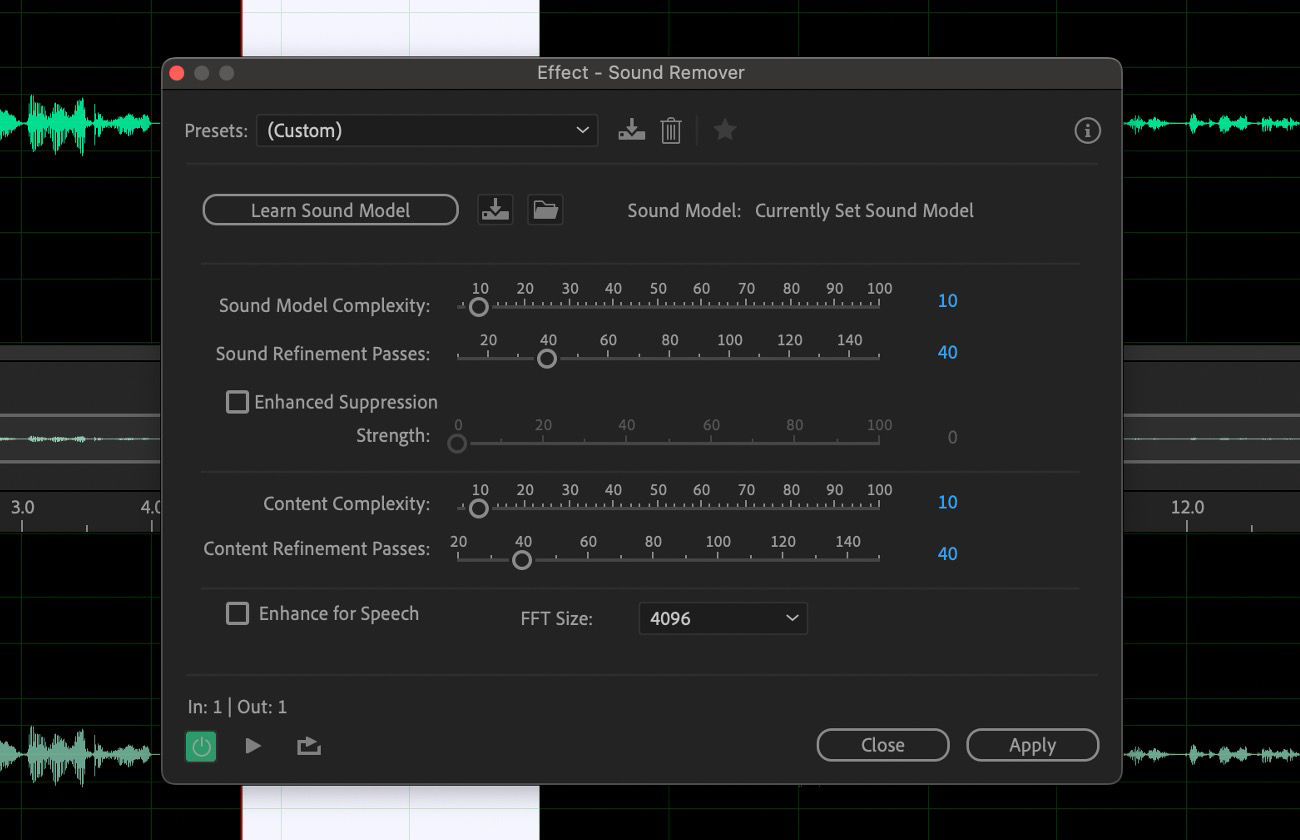 The Sound Remover effect dialog box is open, and options such as Learn Sound Model, Sound Model Complexity, and Content Complexity are available for use.