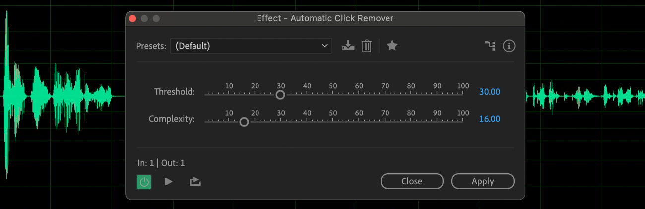 The Automatic Click Remover effect dialog box is open, and options such as Threshold, and Complexity are available for use.