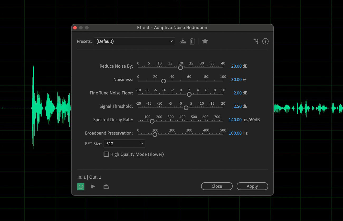 The Adaptive Noise Reduction effect dialog box is open, and options such as Reduce Noise By, Noisiness, and Fine Tune Noise Floor are available for use.