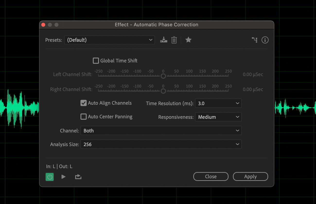 The Automatic Phase Correction effect dialog box is open, and options such as Global Time Shift, Auto Align Channels and Auto Center Panning are available for use.