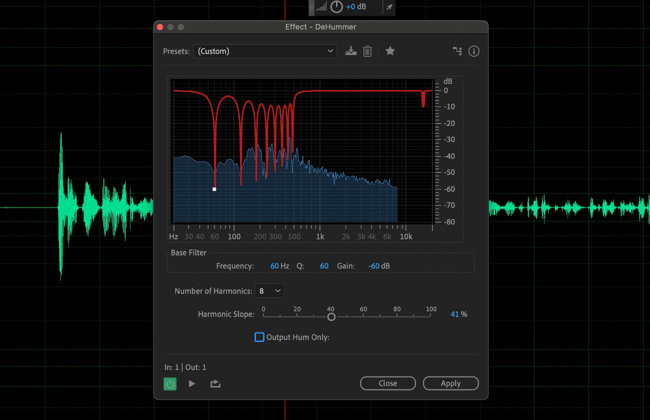 The DeHummer effect dialog box is open, and options to set Frequency, Number of Harmonics, Harmonic Slope, and others are available for use.
