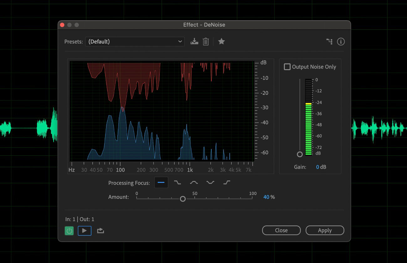 The DeNoise effect dialog box is open and there are controls to reduce or completely remove noise from your audio file.