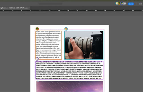 InDesign document showing presence icons for three collaborators, with an image frame selected alongside two text frames.