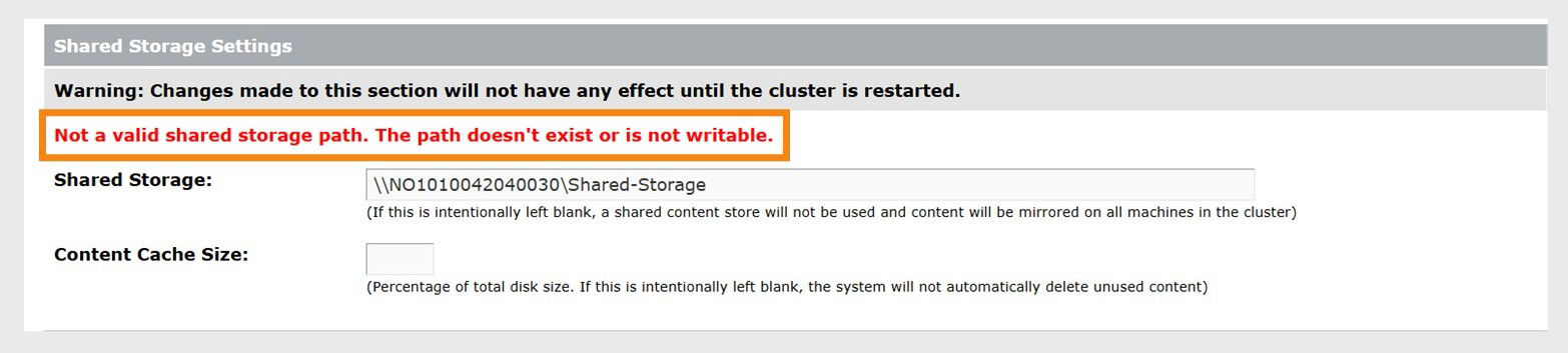 Shared storage settings showing an error message