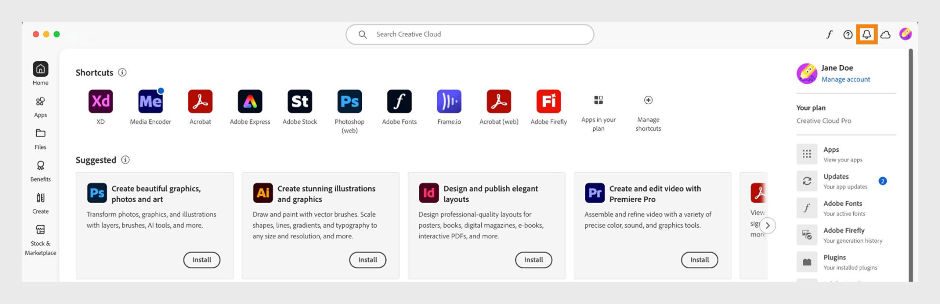 The Creative Cloud desktop app home screen displays the notification icon. New notifications are denoted by a red dot on top of the bell/notification icon.