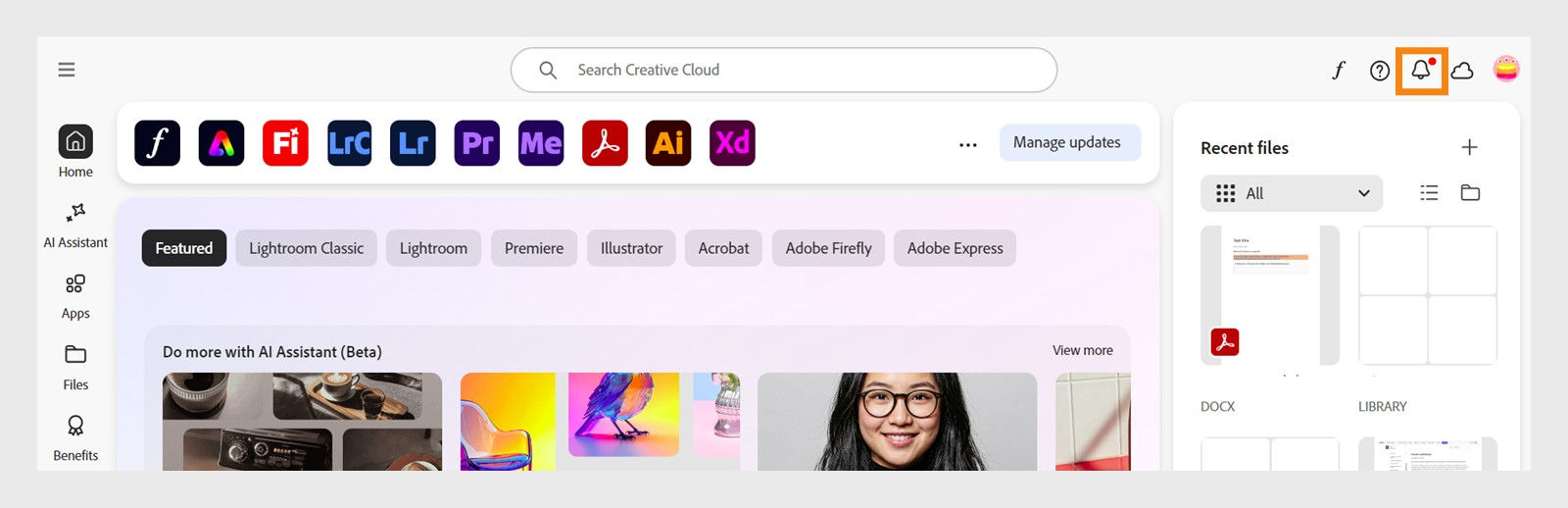 Check new notifications in the Creative Cloud desktop app. The bell icon displays a red dot when the app receives new alerts.