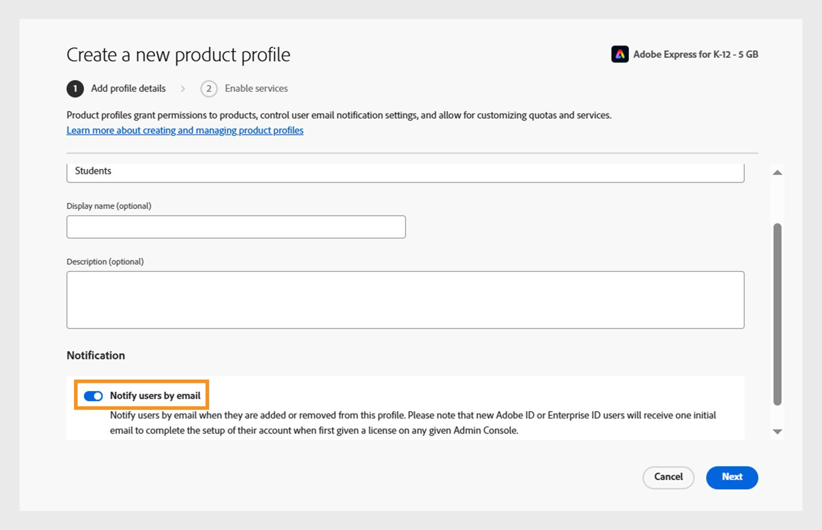 Create a new product profile wizard with the notify users toggle highlighted