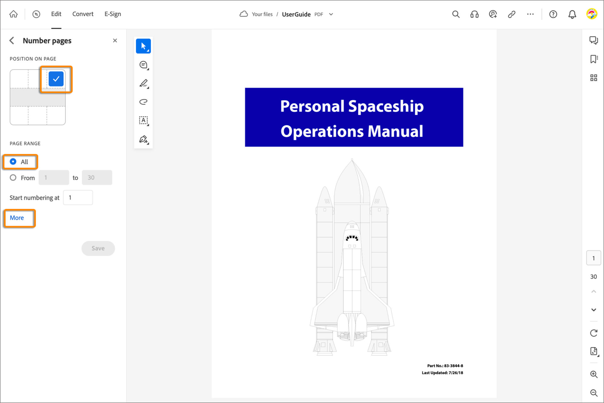 Select the page number position and page range