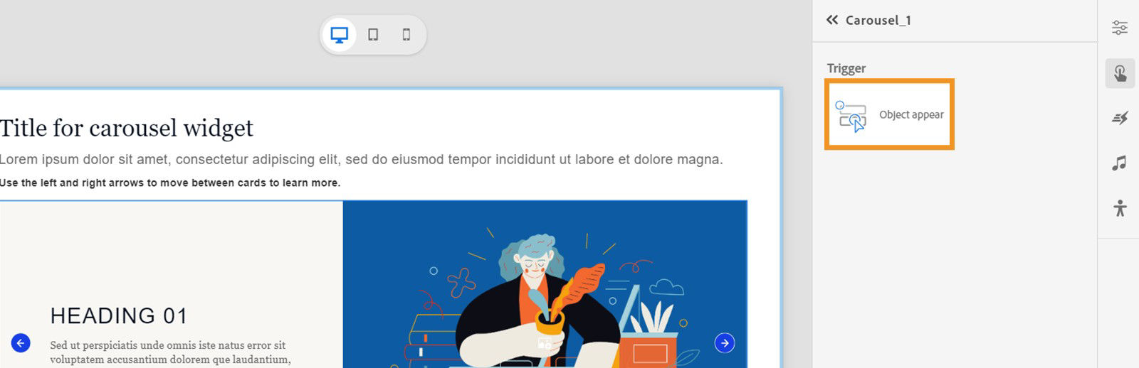 Carousel widget with audio triggered on object appear