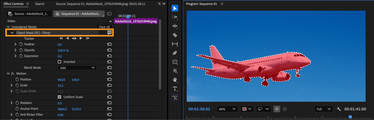 Object Mask set to Sharp mode creating a crisp, hard-edged mask around a subject in the Program Monitor.