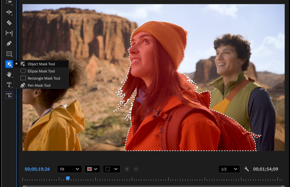 Object Mask tool selected in the toolbar, with a person outlined by a dotted mask in the Program Monitor.