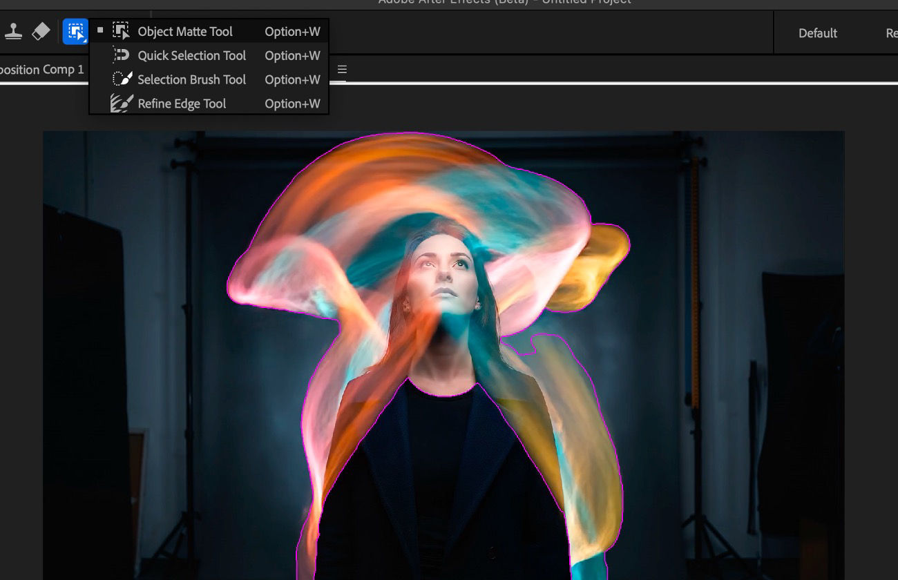 The Object Matte core tools are visible in the menu bar and in the Composition panel. A visual element is selected for propagation and freezing.