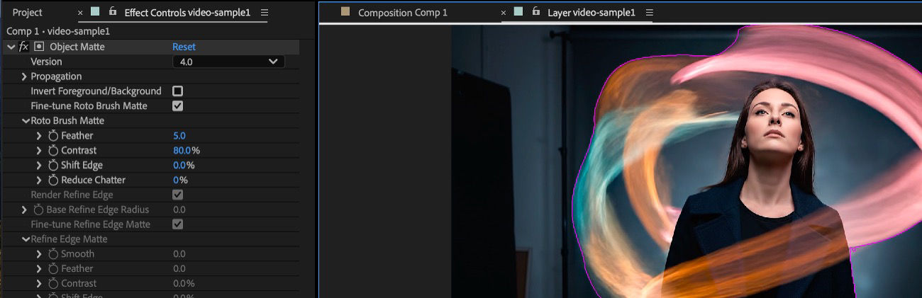 The Effects Controls panel is open, and the Object Matte effect's details are open for adjusting its properties.