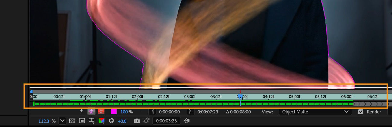 The green segments along the timeline represent frames where the matte has been successfully propagated.