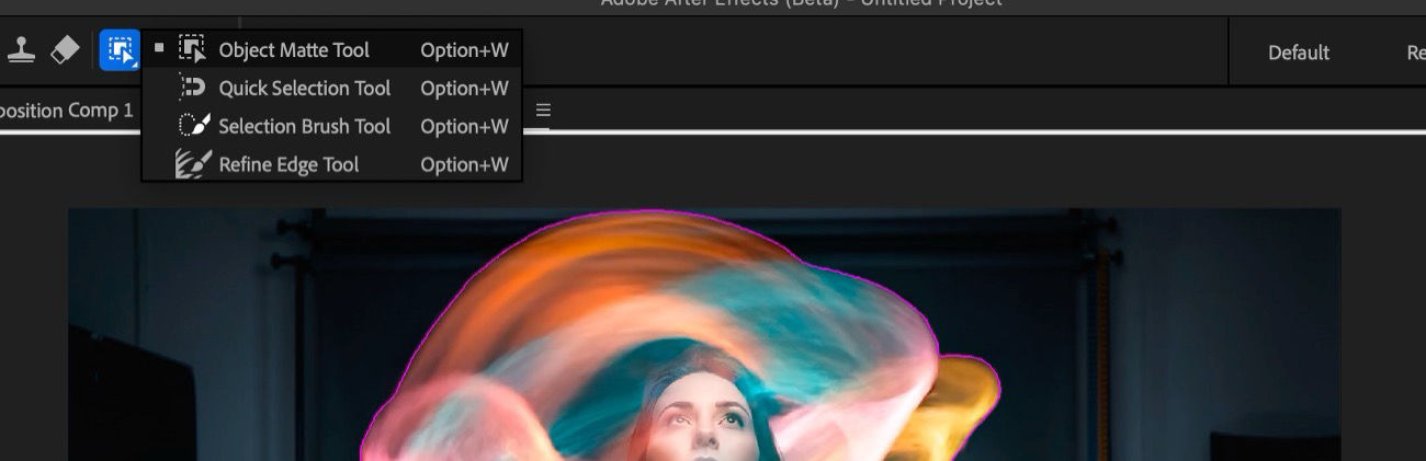 The Object Matte core tools are visible in the menu bar and in the Composition panel. A visual element is selected for propagation and freezing.