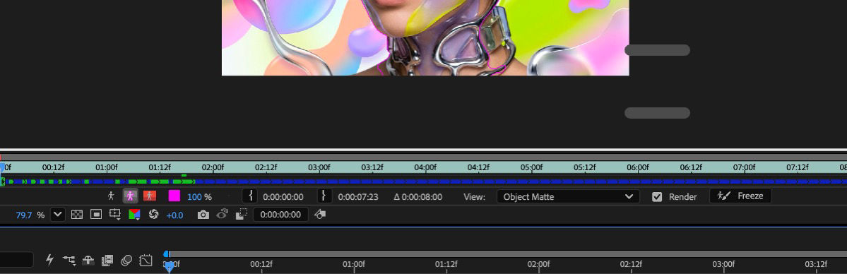 Timeline panel showing green markers along the layer bar, indicating frames where Object Matte has propagated and cached data.