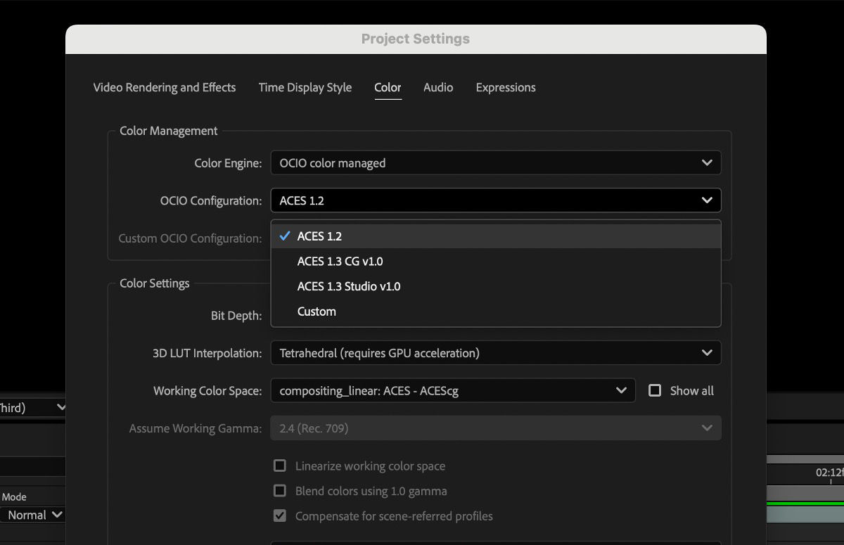 The Project Settings dialog box is open and the color engine selected is OCIO color managed.