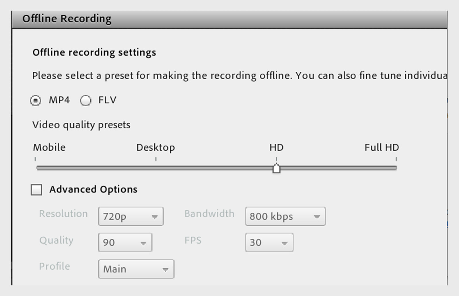 Dialog bog to set conversion options to create an offline recording.