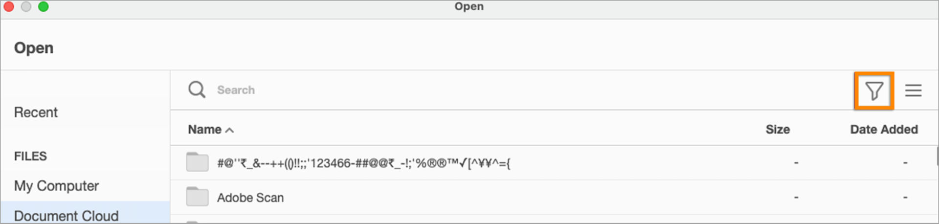 Filter removed from custom file open dialog in Document Cloud