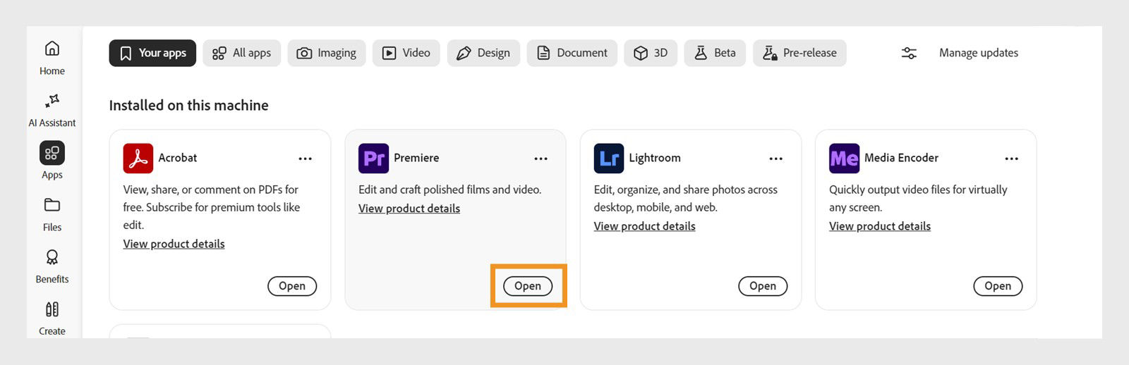 Launch an installed Creative Cloud app from the Your apps section. The Open button starts the selected app directly.