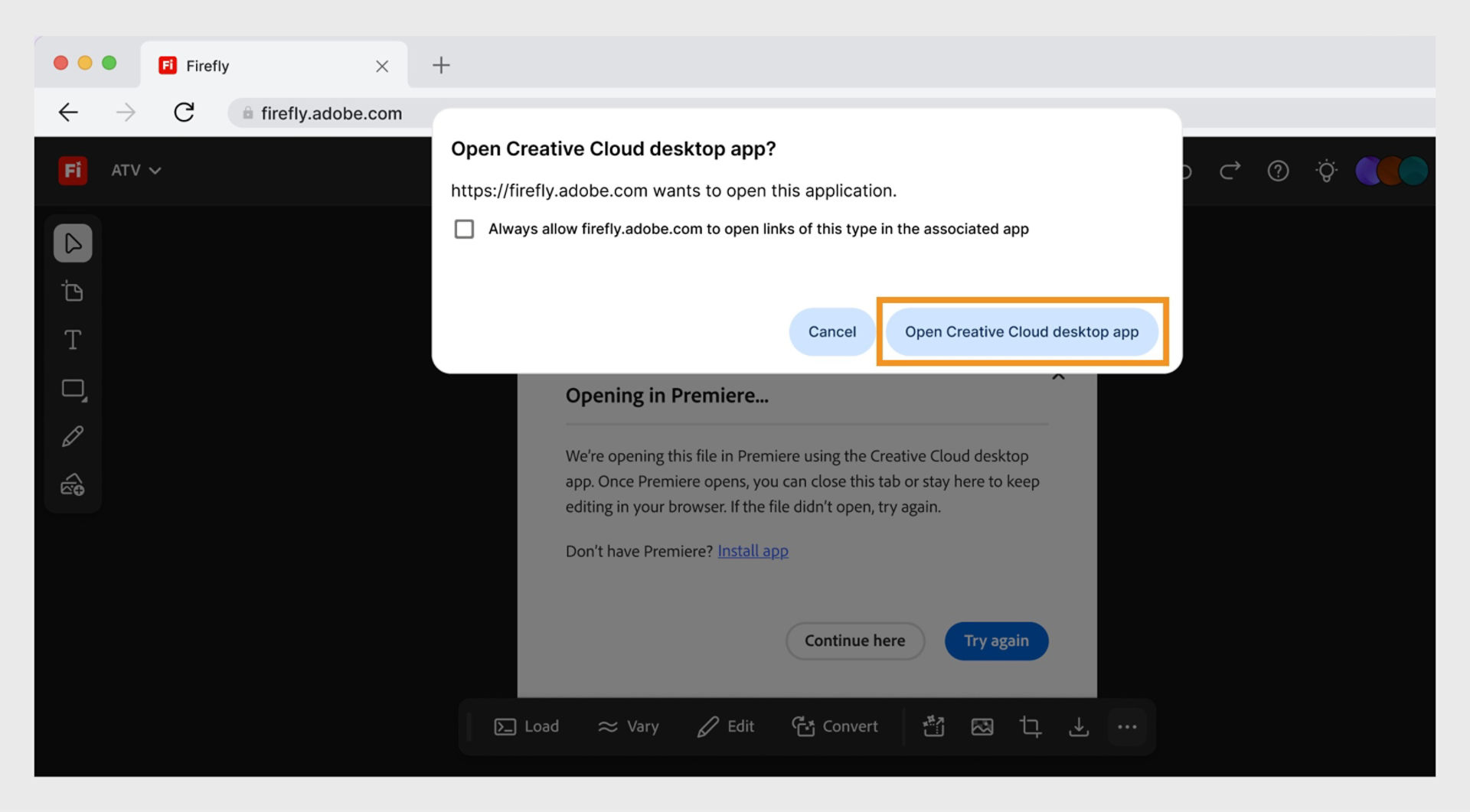 The Open Creative Cloud desktop app button at the top of the screen allows you to open the the Creative Cloud desktop app.